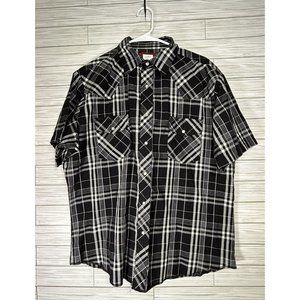 Vintage Rustler X‎ Long Tail Shirt Mens XL Black White Plaid Pearl Snap Western